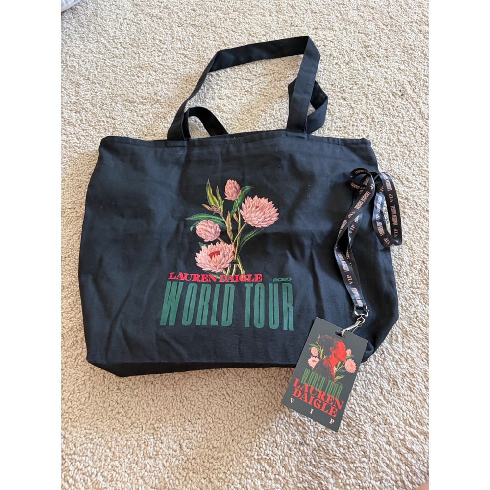 Lauren Daigle 2020 World Tour VIP Black Canvas Tote Bag with Lanyard Floral